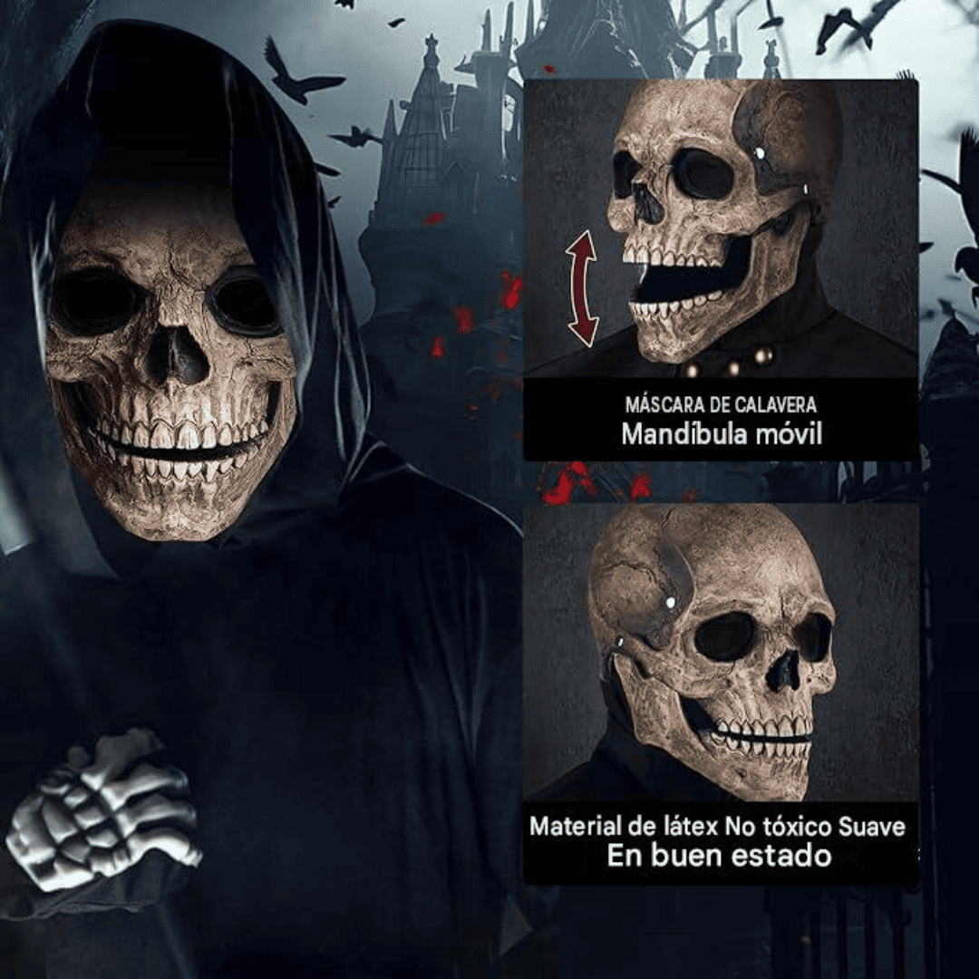 Mascara Calavera de Cabeza Completa Con Mandíbula Móvil| Disfraz de Halloween para hombres y mujeres